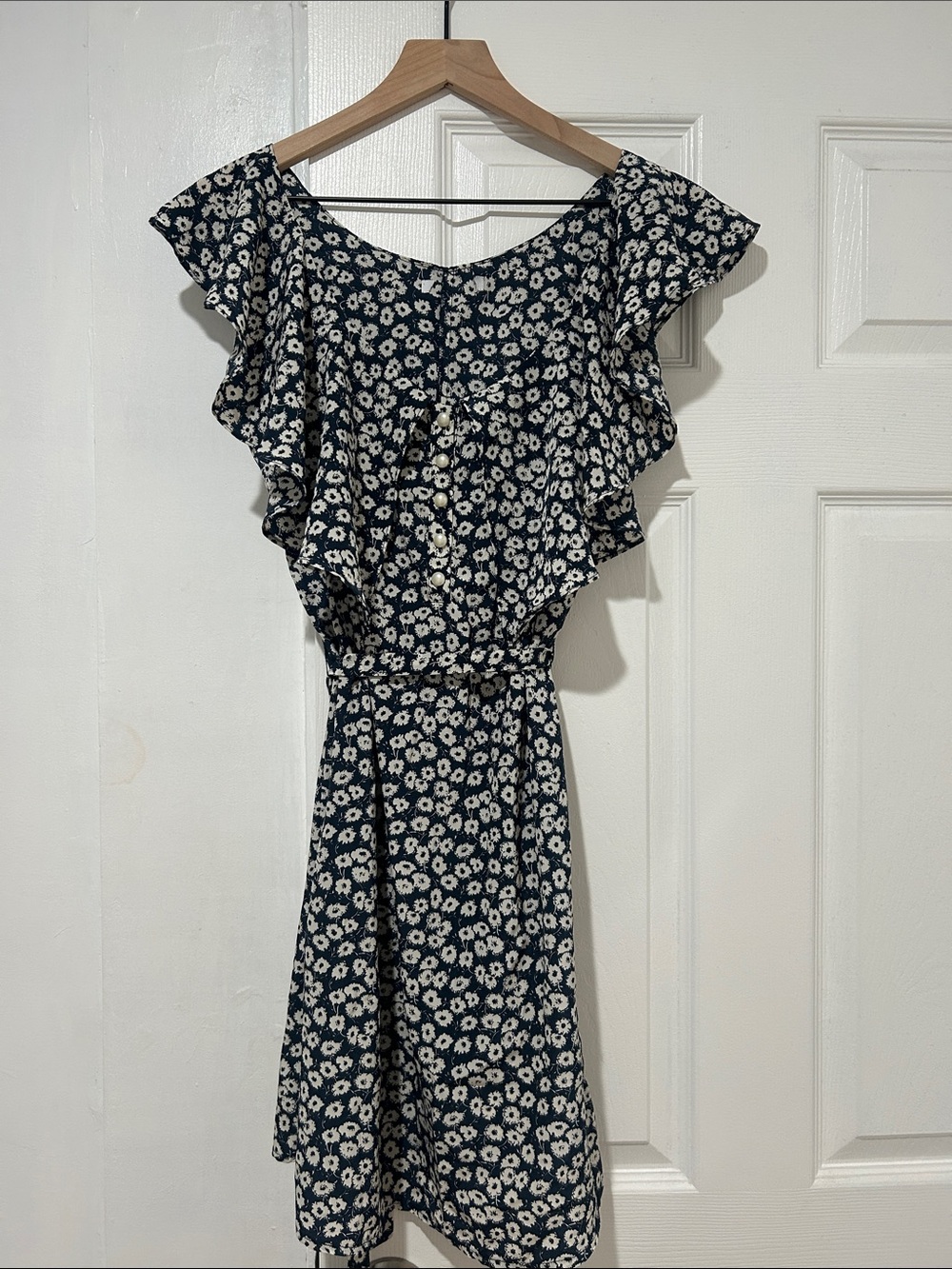 Floral Ruffle Midi Dress in Navy and White